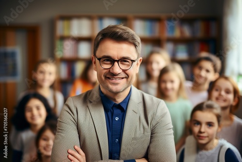 smiling and happy teacher posing in front of camera at school