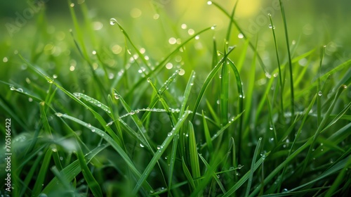 Beautiful blades of grass kissed by dew, captured in a close-up photo in the morning