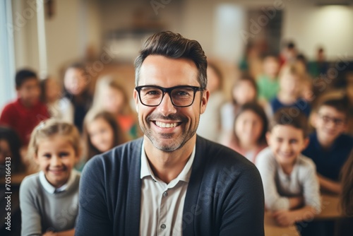 smiling and happy teacher posing in front of camera at school