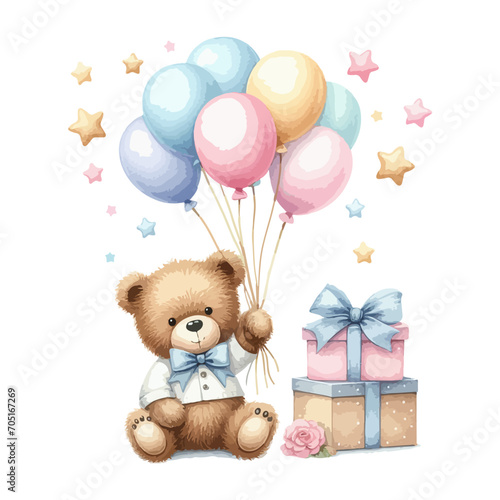 Cute watercolor teddy bear with balloons. Happy birthday card.