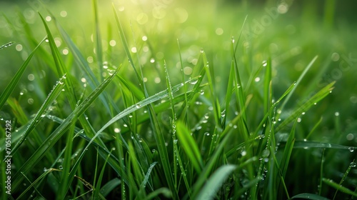 Beautiful blades of grass kissed by dew, captured in a close-up photo in the morning