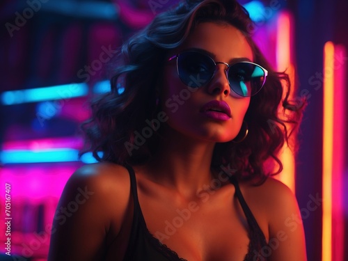 beautiful woman is posing in neon lights and sunglasses © Igor