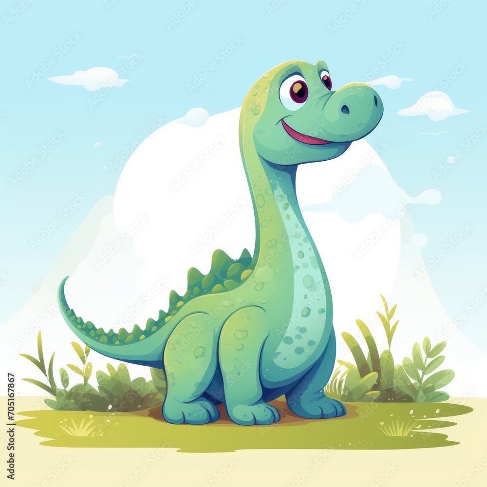 Fototapeta premium Cute little Brachiosaurus. Cartoon style illustration for kids and babies.