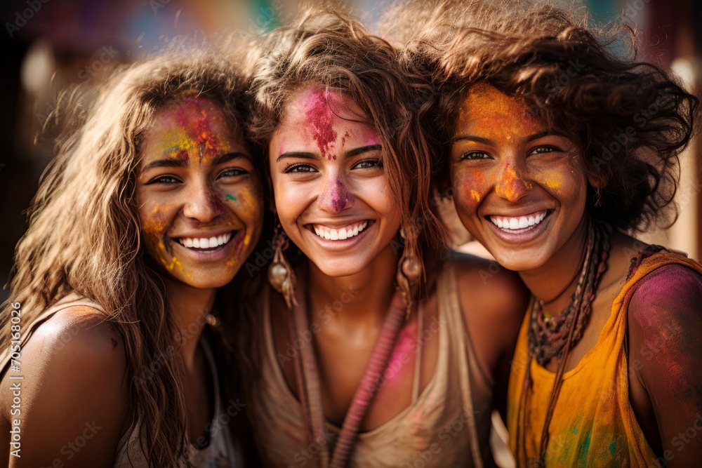 Portrait of happy young women at the Holi or Phagwah festival. Indian Spring Festival.