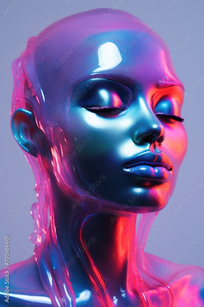 Generative AI, woman face in iridescent colors liquid, fluid, futuristic alien style, closeup Generative AI, woman face in iridescent colors liquid, fluid, futuristic alien style, closeup