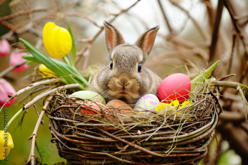 Kleiner Hase in einem Nest mit Tulpen und bunten Ostereier © Jürgen Fälchle