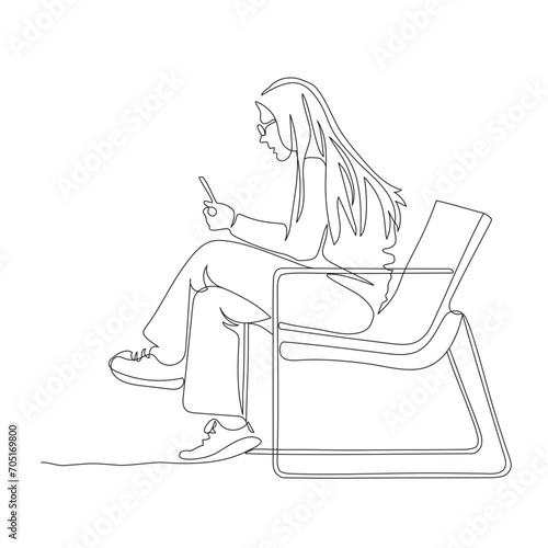 Woman in glasses and long hair sitting on park bench and talking on the phone. Single line drawing. Black and white vector illustration in line art style.