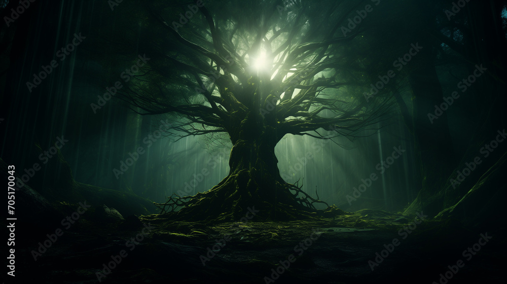 Obraz premium Tranquil Forest Landscape with Sunlight Peeking Through Trees