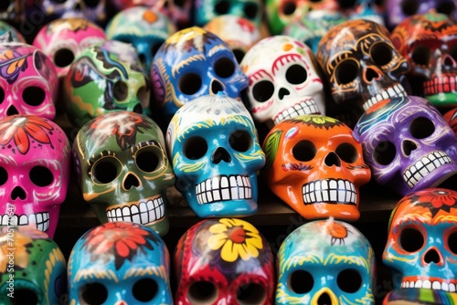 Colorful Mexican sugar skulls on display in a souvenir shop. Mexican traditional holiday Día de los Muertos - Day of the Dead Concept. Mexican sugar skulls for sale.