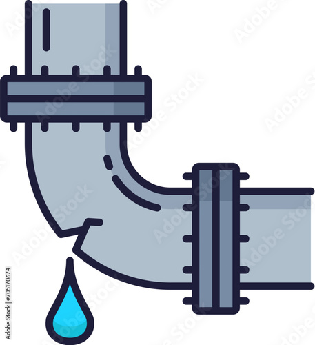 Plumbing service color icon, water pipes leakage and broken pipeline repair, outline vector. Plumber service works icon for toilet, bathroom or kitchen pipes or drain sewerage repair and problems fix