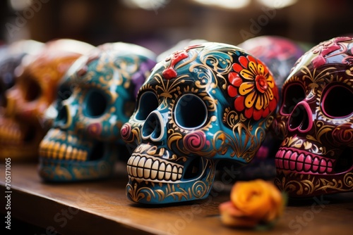 Day of the Dead Sugar Skulls. Day of the Dead Traditional Mexican Masks. Day of the dead, Dia de los Muertos, Mexico. Mexican traditional holiday Día de los Muertos - Day of the Dead Concept.