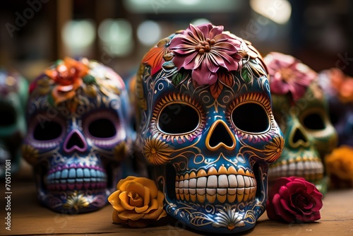 Day of the Dead Sugar Skulls. Day of the Dead Traditional Mexican Masks. Day of the dead, Dia de los Muertos, Mexico. Mexican traditional holiday  Día de los Muertos - Day of the Dead Concept. © John Martin
