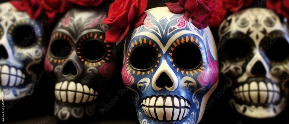 Day of the Dead Sugar Skulls. Day of the Dead Traditional Mexican Masks. Day of the dead, Dia de los Muertos, Mexico. Mexican traditional holiday  Día de los Muertos - Day of the Dead Concept.