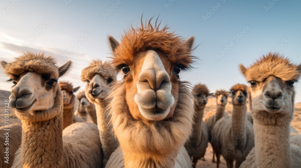Fototapeta premium A herd of llamas is looking at the camera