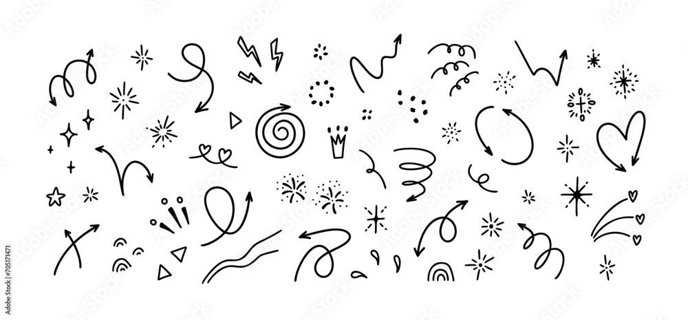 Cute line doodle handwritting elements set. Hand drawn sketchy curve arrows, glitter, stars, confetti, firework, heart, burst. Holiday, surprise, celebration decorative simple icons