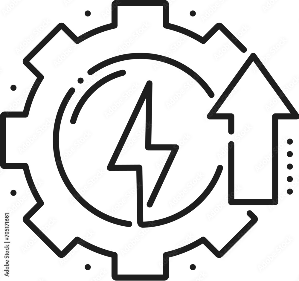 Eco energy development, green power line icon. Clean electric energy or ecological clean fuel production, power renewable resources technology innovation thin line vector symbol or sign with cog wheel Eco energy development, green power line icon. Clean electric energy or ecological clean fuel production, power renewable resources technology innovation thin line vector symbol or sign with cog wheel