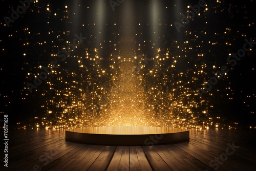 Golden confetti rain on festive stage with light beam in the middle, empty room mockup with copy space for award ceremony Generative AI photo