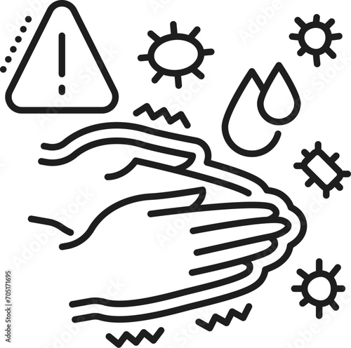 Human mysophobia phobia icon, mental health. Fear of germs, people psychology problem line vector symbol. Mental disorder linear sign or pictogram with human hands, microbes cells photo