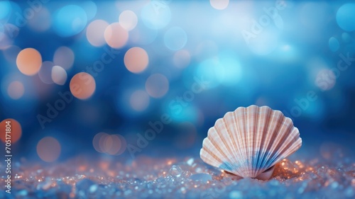 Serene Marine Elegance: A Solitary Seashell amidst Sparkling Blue Waters, Horizontal Poster or Sign with Open Empty Copy Space for Text 