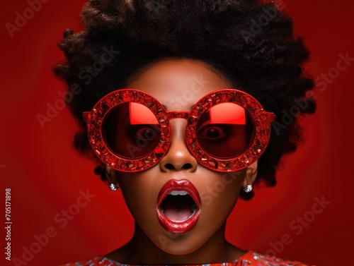 Very surprised woman open mouth, wearing red glasses