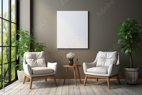 Create a peaceful retreat with two chairs, a table, and a charming little plant against a simple solid wall featuring a blank empty white frame for personalization.