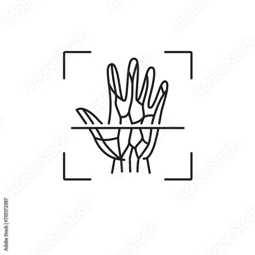 Vein recognition, Biometric identification, and verification icon. Isolated vector linear sign, featuring intertwining veins on hand inside of scanning frame. Advanced authentication for secure access