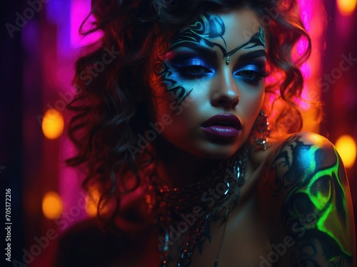 beautiful woman is posing in neon lights, futuristic scifi