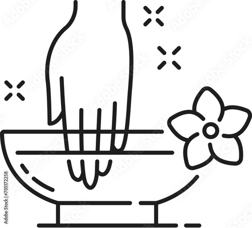 Nail manicure service icon with soak bowl. Woman beauty or spa salon, cosmetics and makeup products shop symbol, manicure and pedicure master linear vector symbol. Cosmetology service outline sign