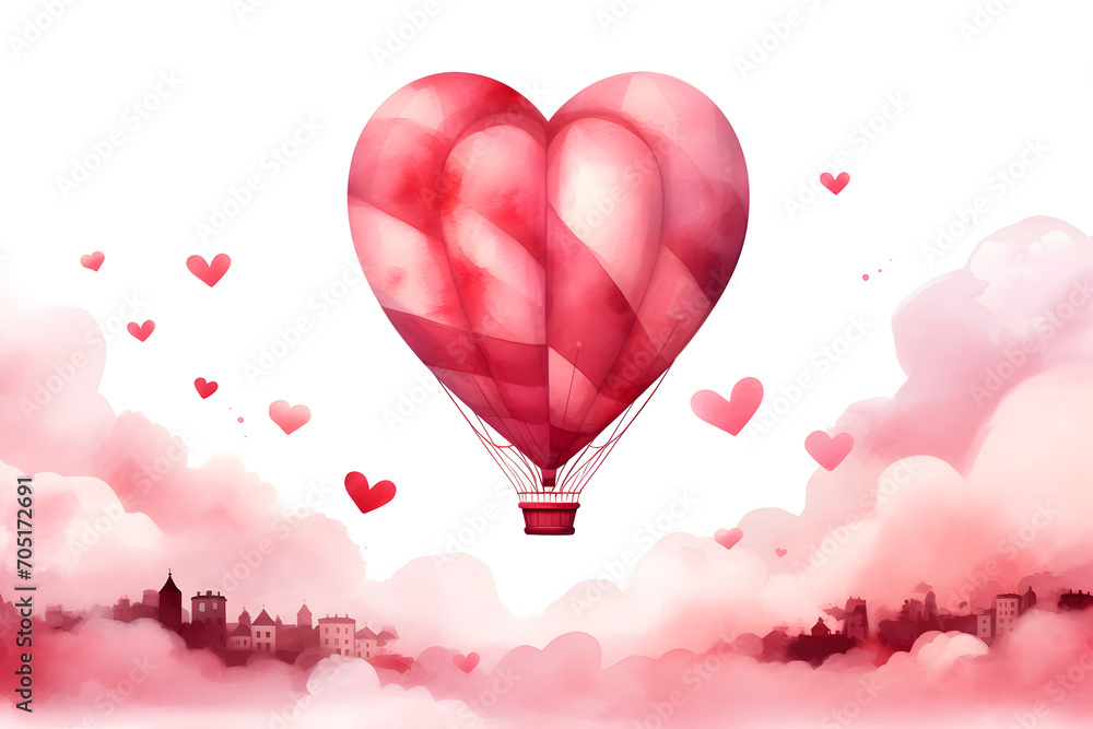 Heart shape hot air balloon in watercolor style. Valentine's Day background.