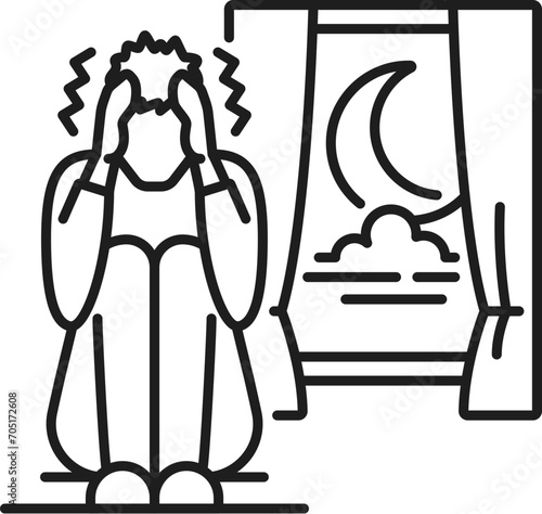 Human nyctophobia phobia icon, mental health. Fear of the dark, people psychology problem thin line vector symbol. Mental disorder and phobia outline icon with scared man sitting near window at night