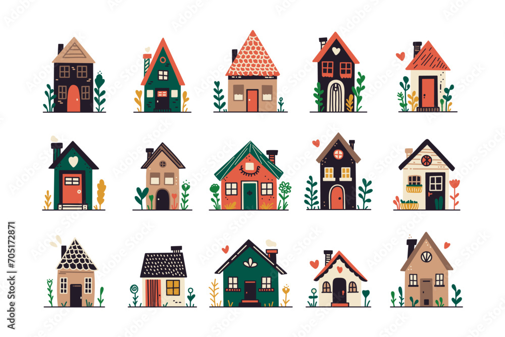 Abstract flat houses. Cute city neighborhood houses with roofs and windows, minimal residential real estate with floral elements. Vector isolated set