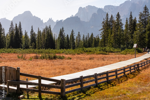 Scenic hiking trail along wooden fence on alpine meadow on Nemes Alm (Rifugio Malga Nemes) in Carnic Alps, South Tyrol, Italy. View of massive mountain ridges of majestic untamed Sexten Dolomites