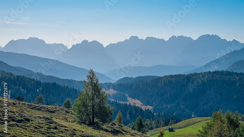 Panoramic view of Silhouettes of massive mountain ridges of majestic untamed Sexten Dolomites in South Tyrol, Italy, Europe. Hiking concept Italian Alps. Lift in Tre Cime (Drei Zinnen) national park