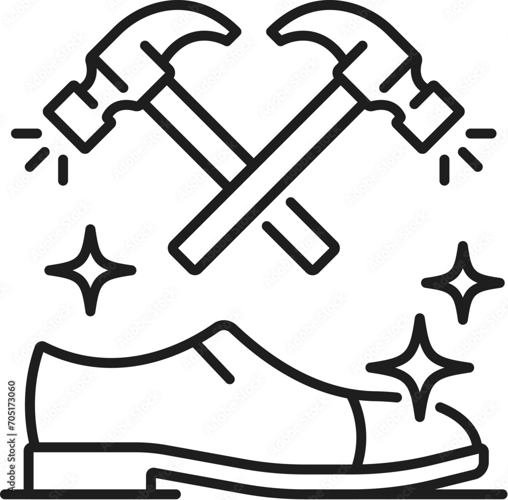 Shoe repair equipment thin line icon, hotel service for footwear cleaning. Vector shoes repair tools. Hammers and clean boots Shoe repair equipment thin line icon, hotel service for footwear cleaning. Vector shoes repair tools. Hammers and clean boots