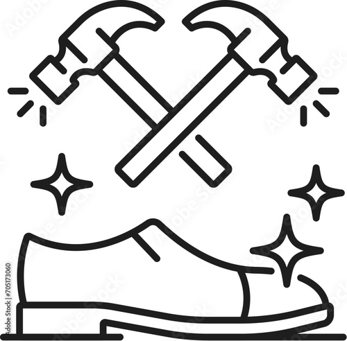 Shoe repair equipment thin line icon, hotel service for footwear cleaning. Vector shoes repair tools. Hammers and clean boots