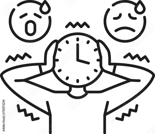 Human chronophobia phobia icon, mental health. Fear of passage time, people psychology or mental disorder linear vector symbol. Fear problem thin line pictogram or pictogram