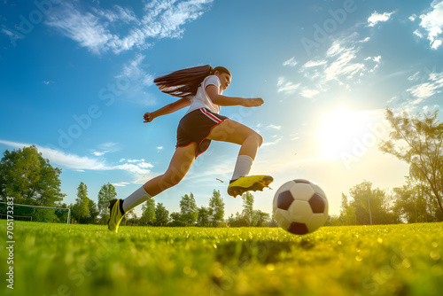Young female soccer player kicking ball. © Pacharee