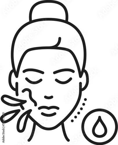 Skincare cosmetology and mesotherapy, skin micellar water, face care linear icon. Dermatology and cosmetology facial treatment, face skin health product thin line vector symbol with micellar water