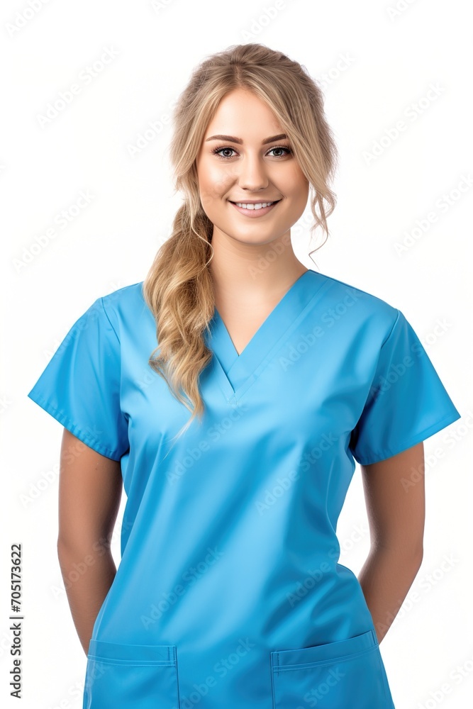 Portrait of a smiling female doctor or nurse in blue uniform Portrait of a smiling female doctor or nurse in blue uniform