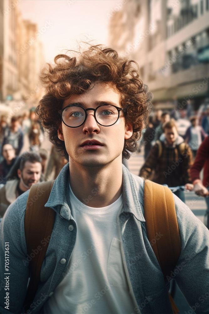Obraz premium Portrait of a young curly man in glasses, with a backpack among people, selective focus