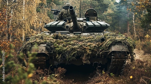 a modern main battle tank in forest