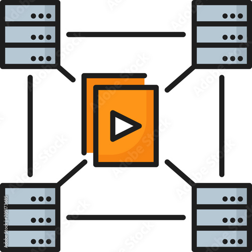 Copies of content to servers. CDN. Content delivery network icon, web media database administration and publishing system, website file technology linear vector icon with server computers