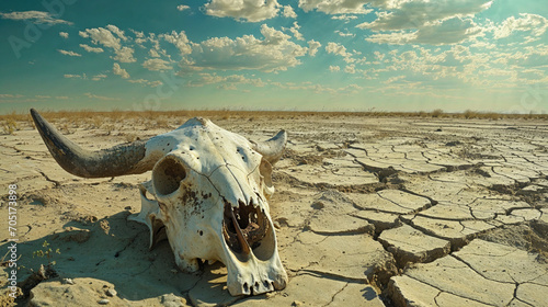 Bone-dry landscape with large bull skull prominently placed in the foreground. The skull is positioned on a dirt field, surrounded by a barren and arid environment.