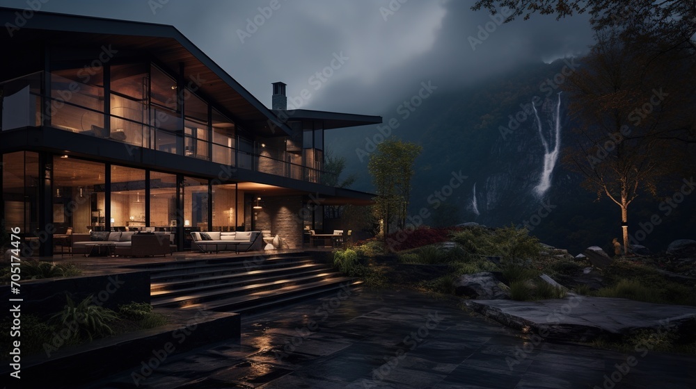 Modern house with waterfall view Modern house with waterfall view