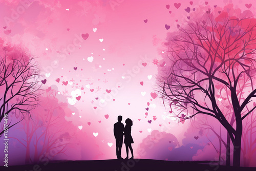  Embracing Romance  A Pink Valentine s Day Wallpaper with a Whimsical Touch. Silhouettes of a couple standing beneath heart-shaped trees adorn the foreground against a backdrop of beautiful  cloudy na