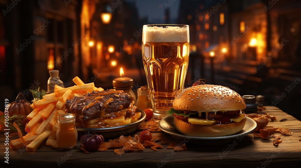 Burger with Beer on the Background of a Cafe


