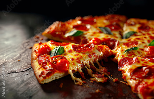 Closeup on a cheesy margherita pizza slice, cheese melting, tomatoes and basil, dark background