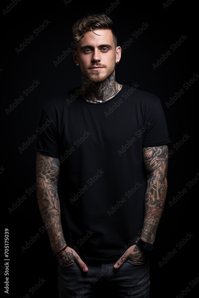 Naklejka premium young person with tattoos and jeans posing in front of the camera