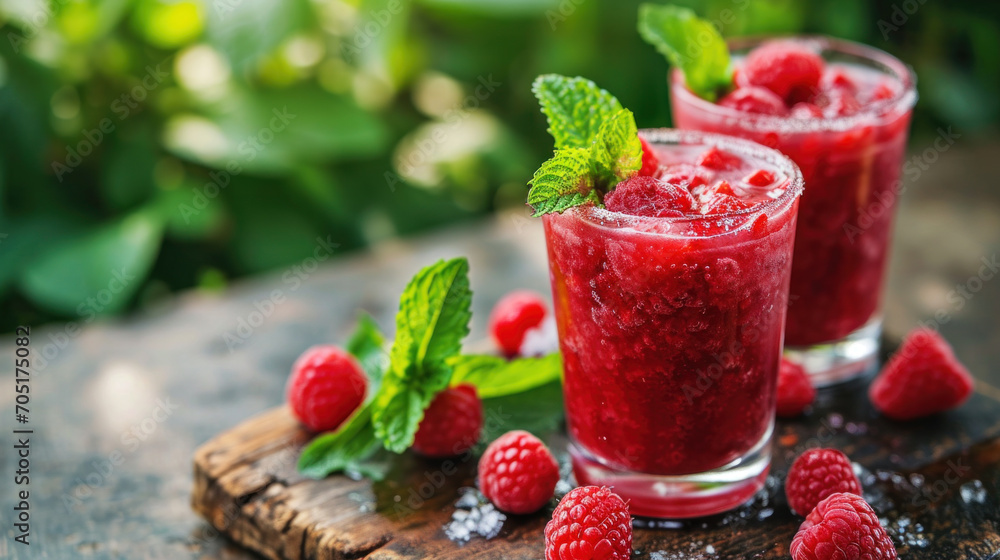 Healthy raspberry smoothie on rustic wooden board, served outside in green summer garden Healthy raspberry smoothie on rustic wooden board, served outside in green summer garden