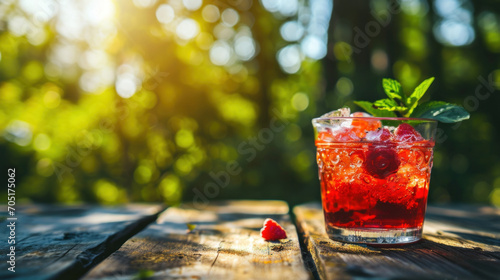 Red iced soda drink with raspberries on old table, summer sunny garden in the background photo